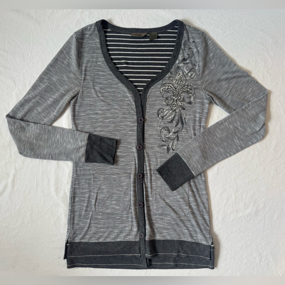 Miss Me Gray and White Striped Lightweight Cardigan with Y2K Graphic